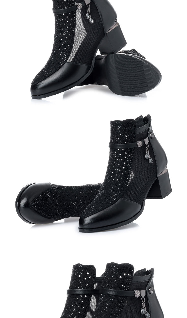 Giày boot nữ cổ thấp da thật lưới thoáng khí gót dày — đen chi tiết 12