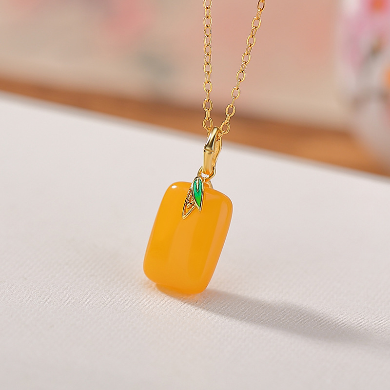 Mặt dây chuyền bạc S925 mạ vàng hình sáp ong phong cách Trung Hoa lá tre yên bình vuông men — Mặt dây chuyền đơn (không bao gồm dây chuyền)