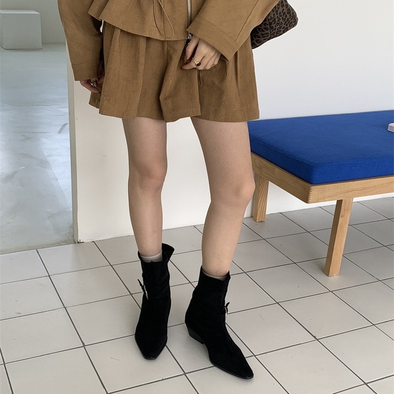 做旧方头粗跟短靴女马丁靴秋冬新款皮带库中跟擦色短靴女|undefined
