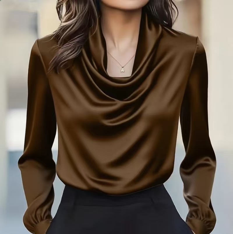 Elegant Drape Neck Long Sleeve Blouse - Autumn Fashion Pure Color Minimalist Shirt For Women, Office & Casual Wear (Black/White/Wine/Coffee, S-XXL)​_ecoleips.com