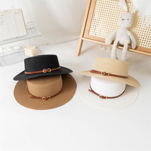 法式平顶草帽女遮阳夏季草编平沿礼帽出游度假海边沙滩太阳帽