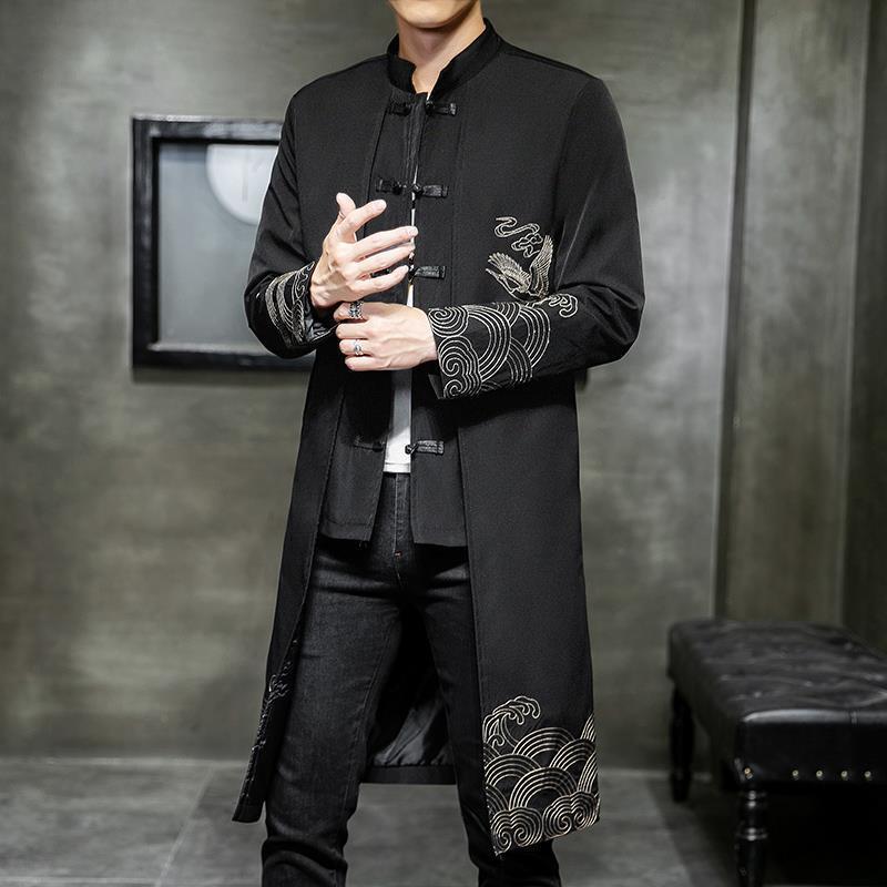 Spring and Autumn men's fashionable mid-length Hanfu embroidered trench coat Tang suit Chinese style fake two-piece retro casual coat