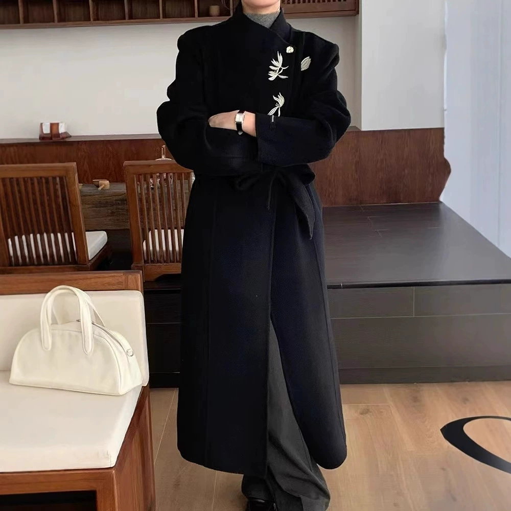 Новая женская шерстяная куртка в китайском стиле с воротником-стойкой, двусторонняя, с вышивкой, осенне-зимняя, длинная, приталенная, для светских мероприятий.