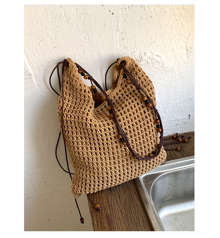 Summer woven beaded single-shoulder bag for women, large capacity, retro and fashionable, hollowed-out casual vacation style underarm crossbody bag undefined