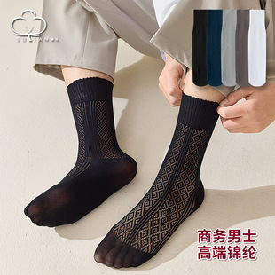 Men's Silk Stockings Summer Thin Hollow Breathable Socks Men's Mid-Socks Comfortable High Elastic Nylon Men's Socks Black Business