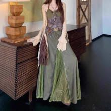 复古森系碎花拼接挂脖吊带半身长裙女长袖针织衫2025秋季新款套装