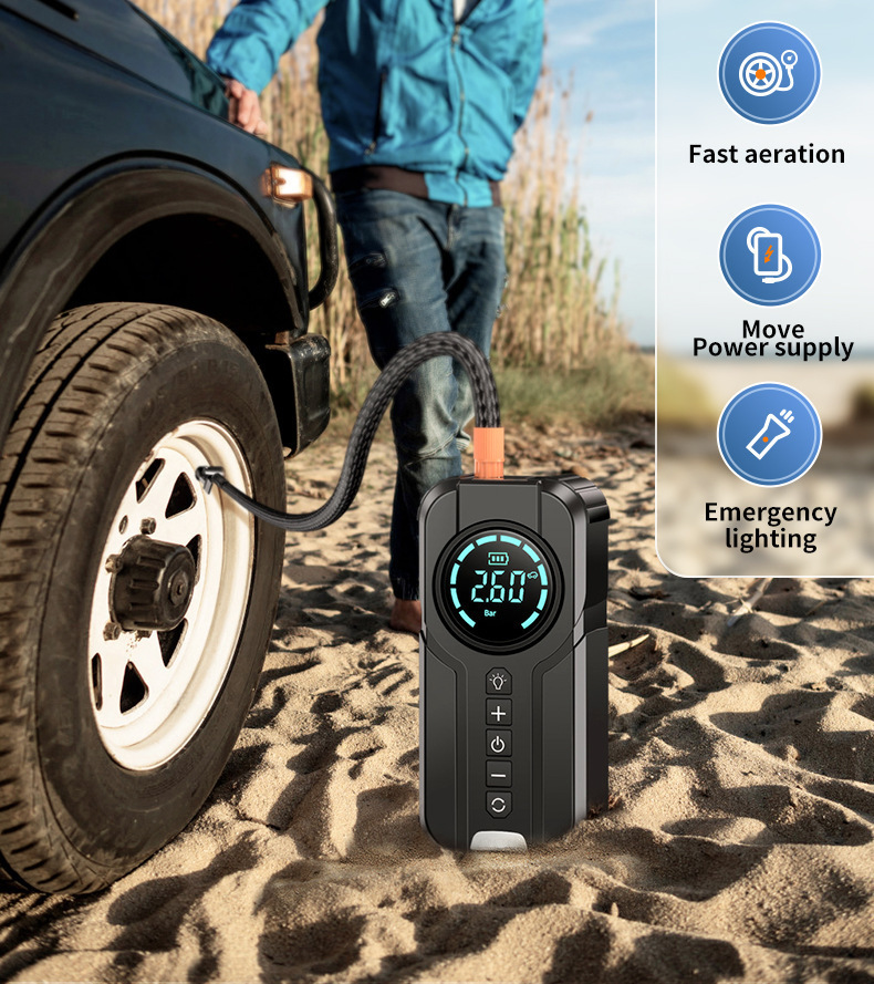 Car Air Pump, Wireless Portable Car Power Bank, Tire Inflator, Emergency Jump Starter, Cross-Border