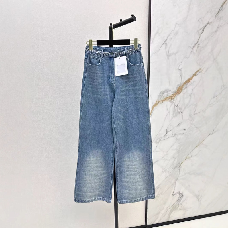 Shenzhen Nanyou 25 Spring and Summer Fashionable Elegant Braided Edge High-Waist Slim Wide-Leg Straight Denim Pants for Women