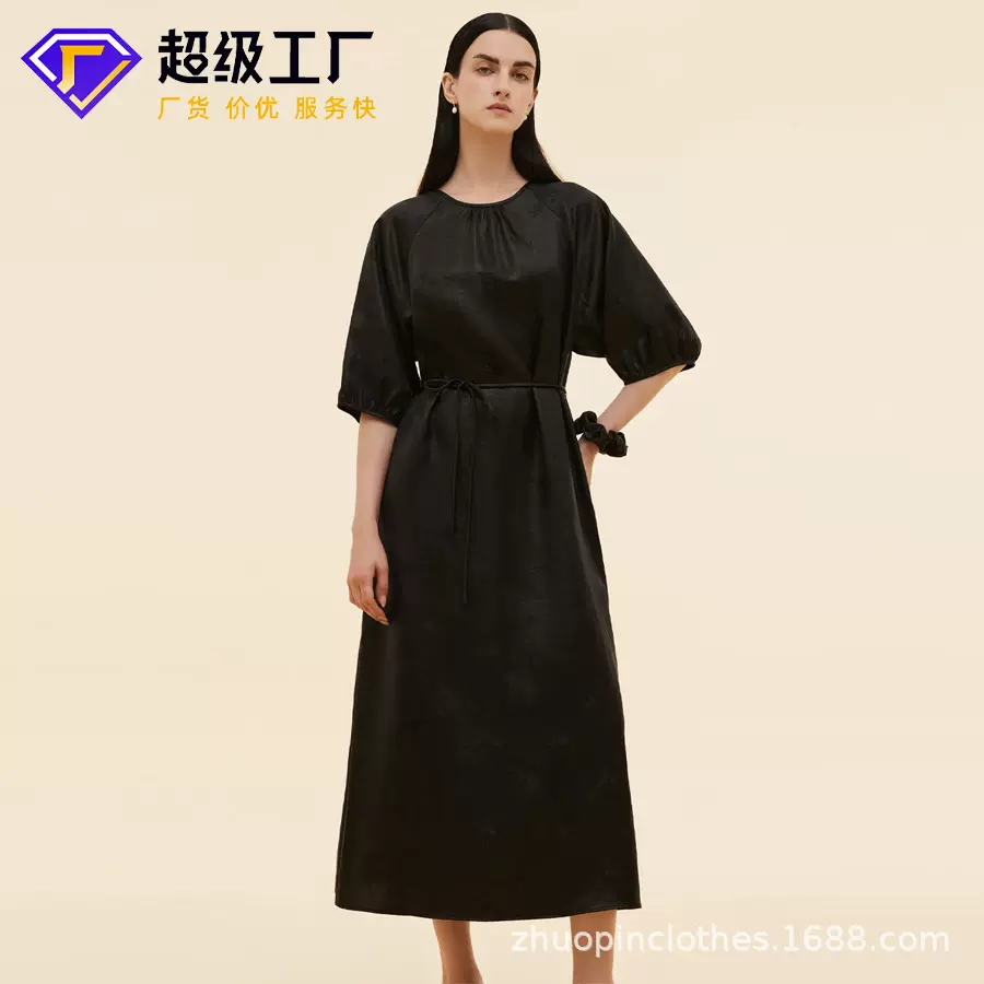 跨境爆款暗纹提花连衣裙定制欧美风圆领收腰显瘦通勤气质风中长裙