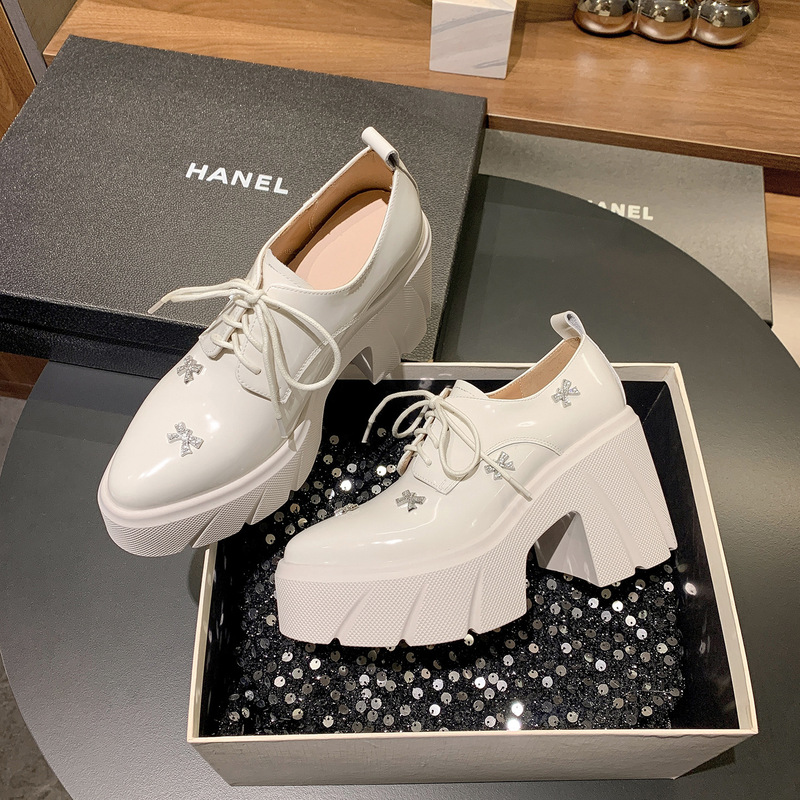 Yichuan~10Cm Thick-Soled Platform Shoes, Genuine Leather Pointed-Toe Chunky Heel Lace-Up Shoes, White Leather Shoes with Rhinestone Bow Yichuan~10Cm Thick-Soled Platform Shoes, Genuine Leather Pointed-Toe Chunky Heel Lace-Up Shoes, White Leather Shoes with Rhinestone Bow