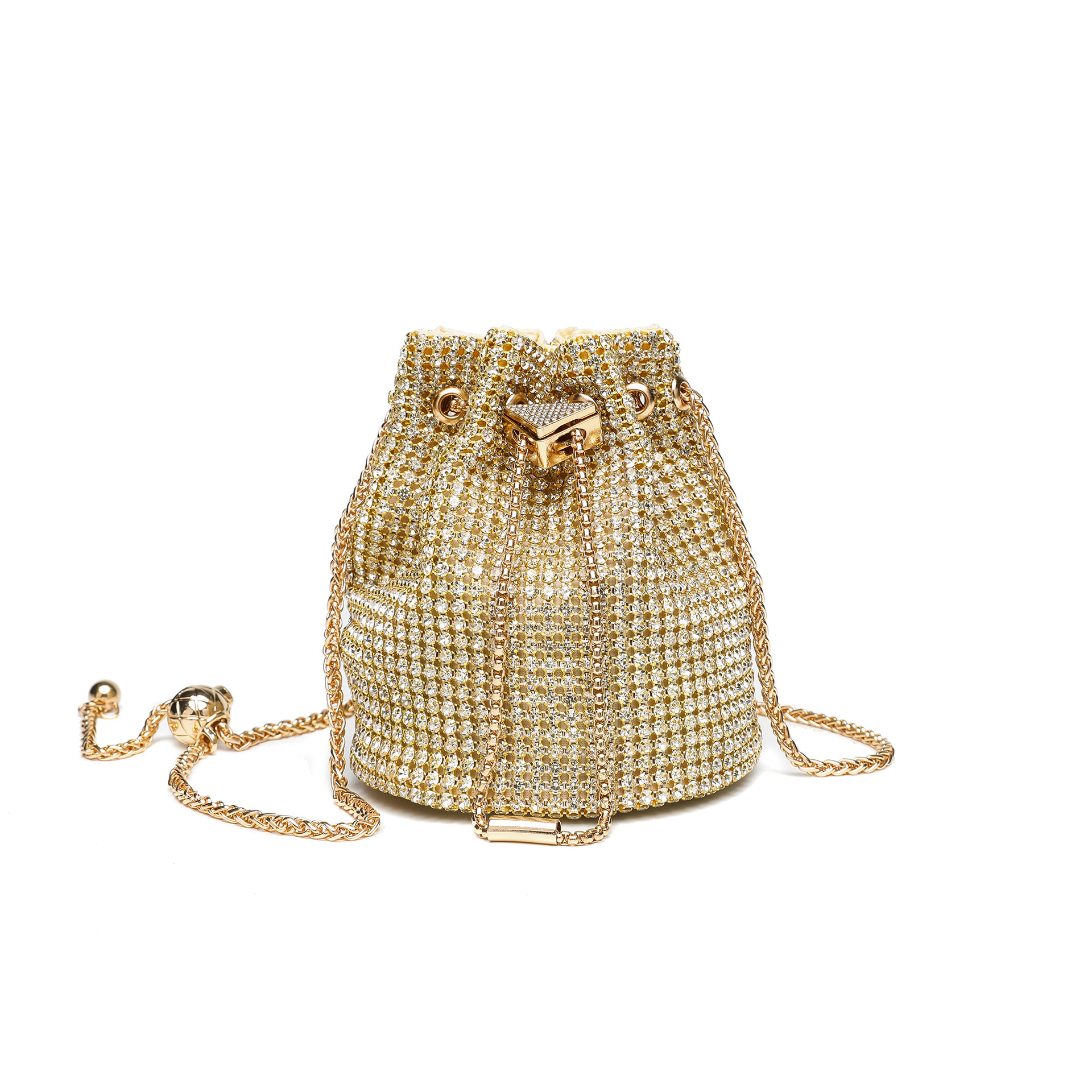 2026 New Arrival Full Diamond Fashion Mini Bucket Bag, Gold Ball Glass Rhinestone Evening Bag, Elegant Chain Purse For Women - Thumbnail 6