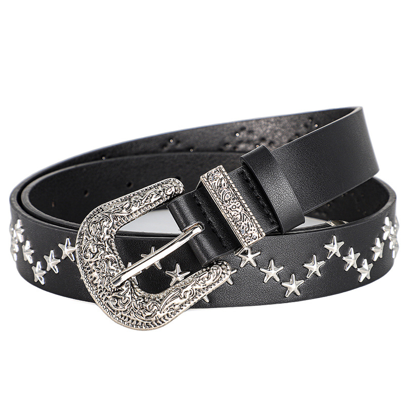 Herren- und Damengürtel Trend Pentagramm Niete Punk-Stil, Vintage geschnitzte Schnalle PU-Ledergürtel, Subkultur Rock Hip-Hop Y2k Gürtel – Detail 3