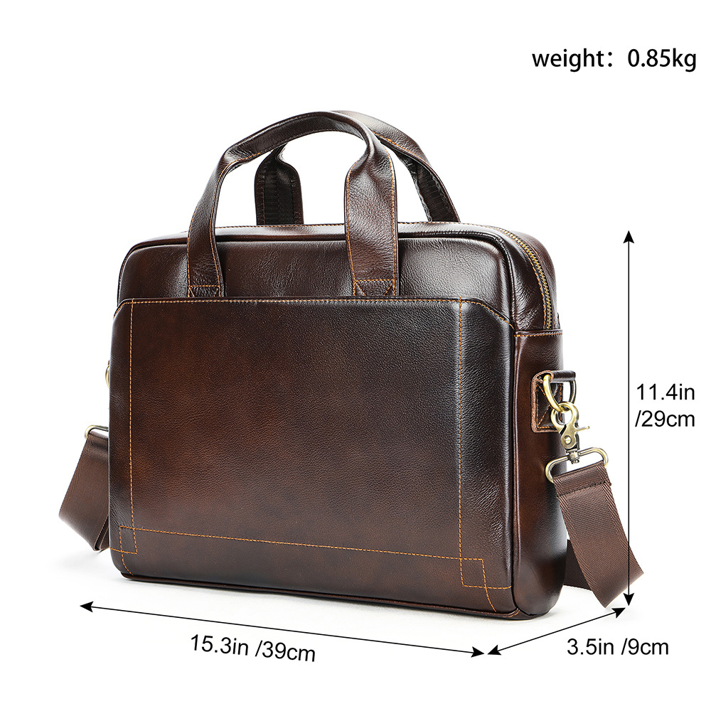 Cặp da nam công sở nhiều ngăn đệm laptop 14 inch da bò — Màu cà phê, Cà phê đậm, Màu đen, Hạt cà phê vải thiều