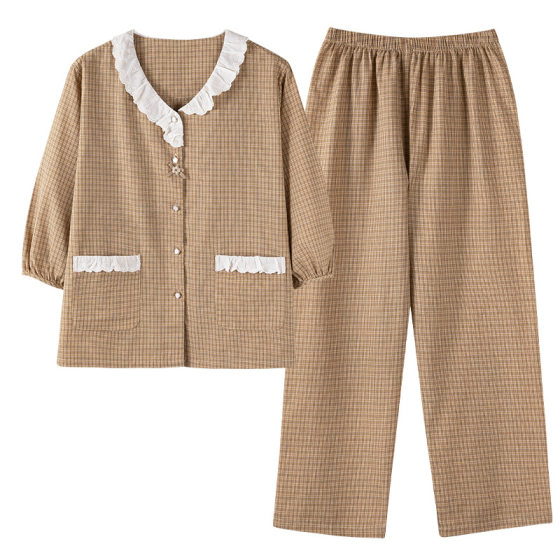 2025 Summer New Arrival Woven Pure Cotton Pajamas Women's Cropped Sleeve Cropped Pants Loose plus size Sweet Home Clothes suit