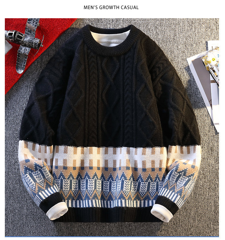 Herren-Langarm-Strickpullover, lässig, locker geschnitten, Rundhalsausschnitt, Polyester-Kaninchenwollmischung, Herbst-Winter-Mode mit Emblem-Design_voghion.com