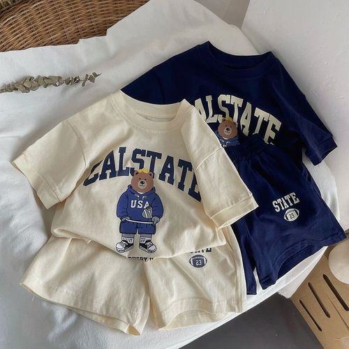Male and female baby set 2024 new summer style small and medium-sized bear cartoon style thin casual sports two-piece set