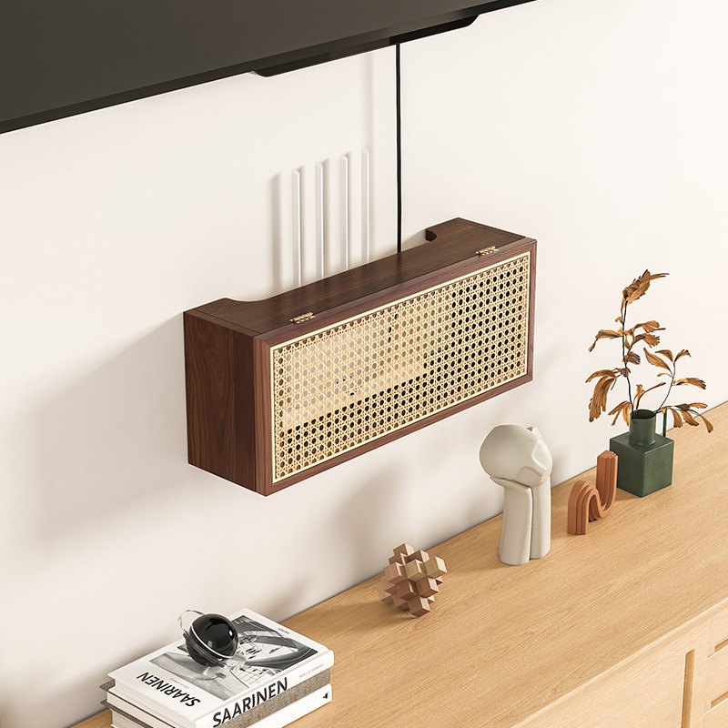 Estante de almacenamiento de madera maciza y ratán para enrutador wifi, soporte montado en la pared para decodificador de TV