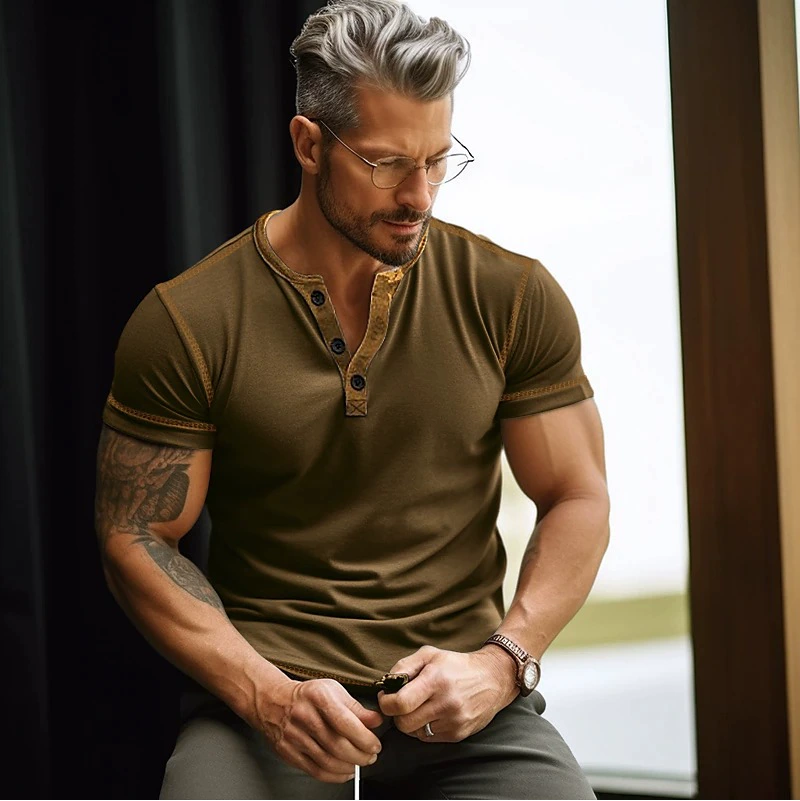 Летние европейские и американские мужские спортивные футболки с открытым воротом и цветными блоками с короткими рукавами, эластичные тонкие топы из искусственного хлопка, трансграничная мужская одежда