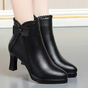 Women's short boots autumn and winter New High heel pointed fashion boots thick bottom waterproof platform bow middle-aged fleece-lined women's boots