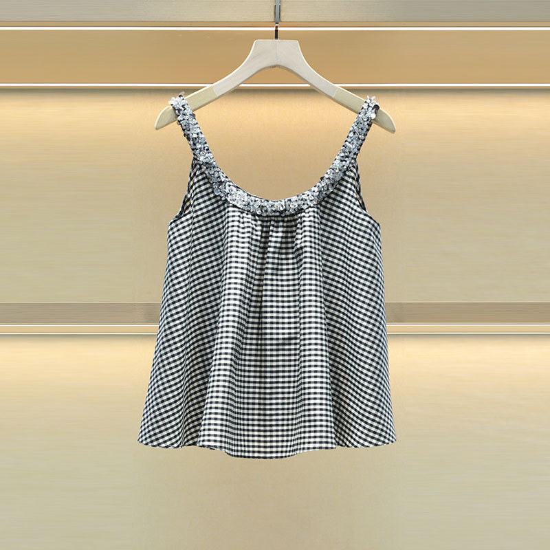 Moshu Weiya 2025 Summer New Black and White Plaid Sleeveless Strap Sequin Beaded Loose Shirt 5701B