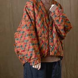 复古国潮印花亚麻盘扣棉衣女宽松大码蝙蝠袖加厚外套2023冬季棉服