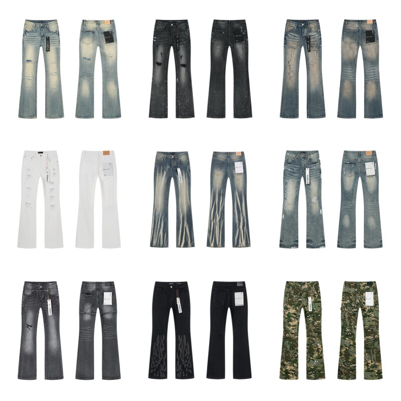 Cross-border purple American-style trendy high street pleated washed distressed ripped patched unisex flared denim pants: