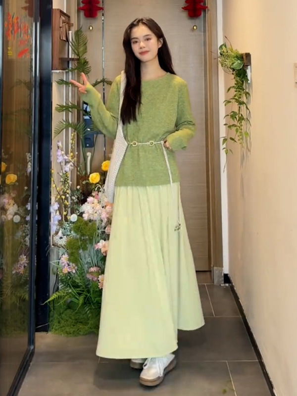 小香风绿色针织毛衣连衣裙子女2025早秋季新款韩系穿搭一整套长裙|undefined