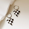 S925 Tremella temperament personality Cold Female models fashion heart-shaped Chessboard grid Earrings black and white lattice love