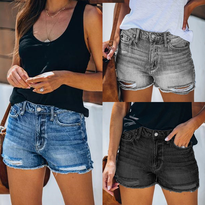 Ripped Fringed Denim Shorts NSYF58568