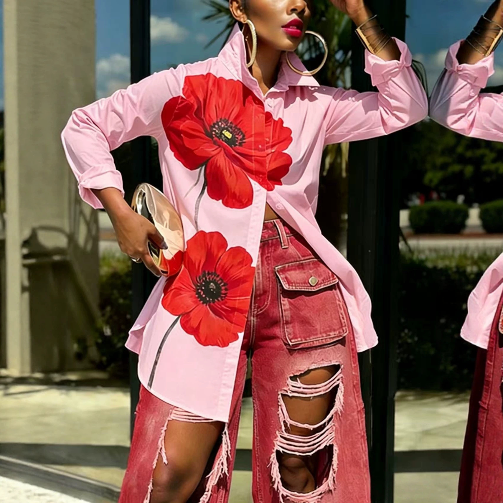 Women's Clothing Spring/Summer Women's Large Red Floral Print Collared Shirt Long Sleeve Loose Fit Mid Length Style Top_ecoleips.com