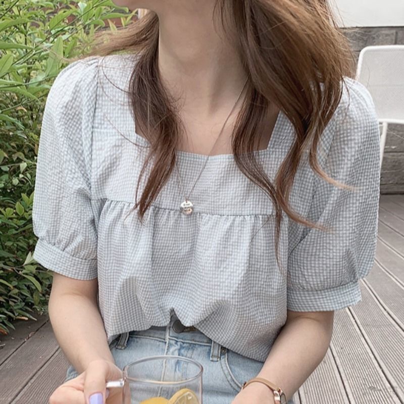 韩国简约方领格子衬衫女夏季设计感甜美减龄百搭短袖上衣