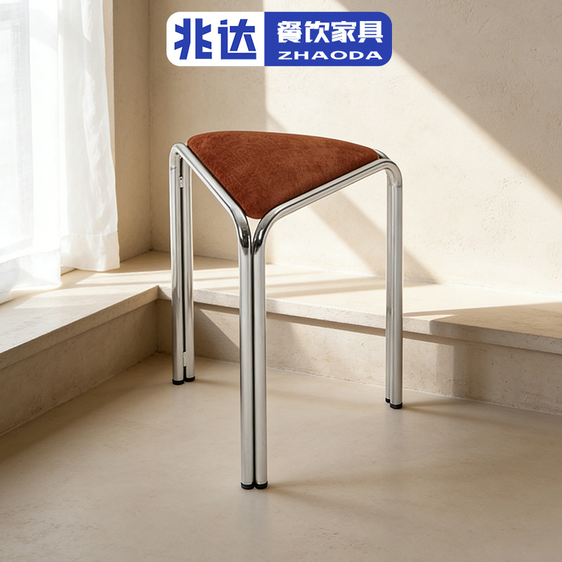 批发加粗不锈钢家用椅子工业风绒布叠放凳子小户型简约包豪斯餐椅