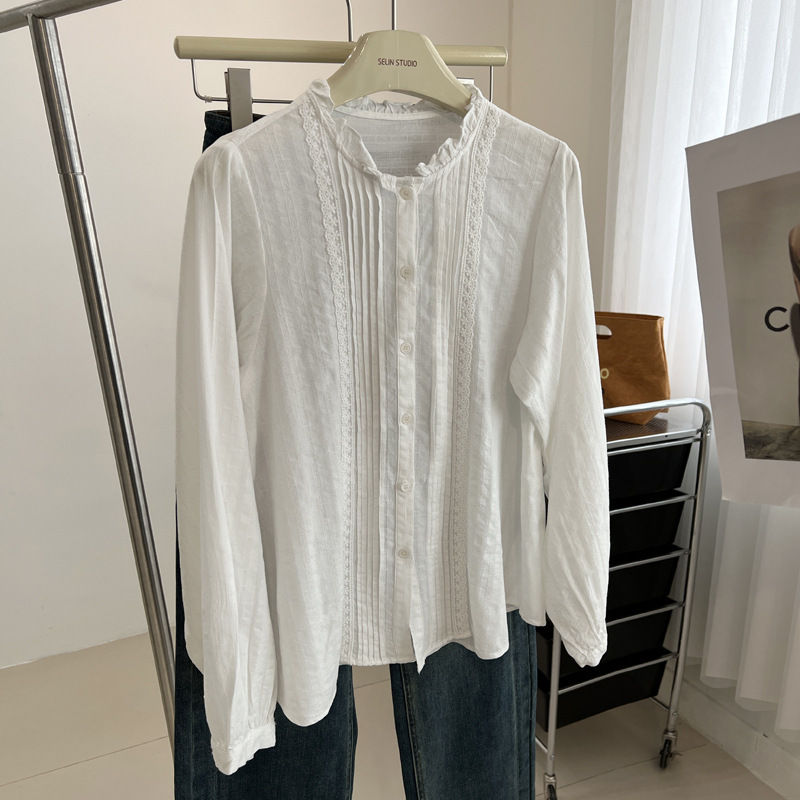 French-Style Ruffled Long-Sleeve Shirt for Women, 2025 New Model, White Design with Gentle Splicing, Autumn Top