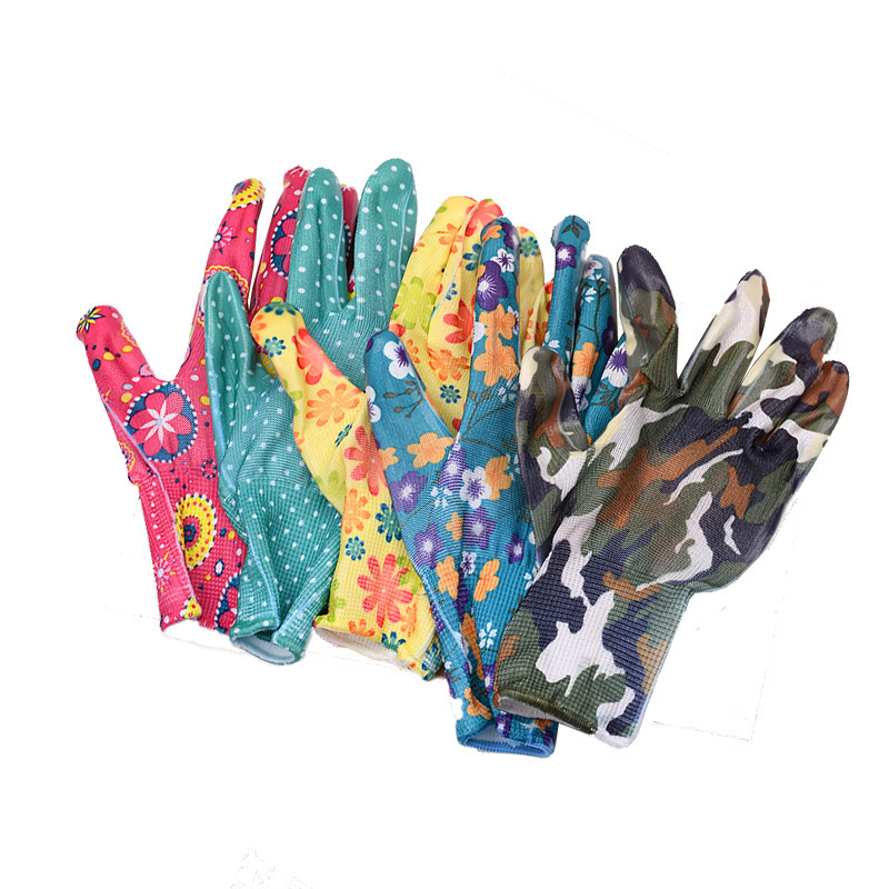 Guantes de protección laboral brillantes de nitrilo sumergidos en palma de nailon impreso de 13 pines del fabricante, guantes de jardín transpirables, resistentes a las perforaciones, resistentes al desgaste y a prueba de puñaladas