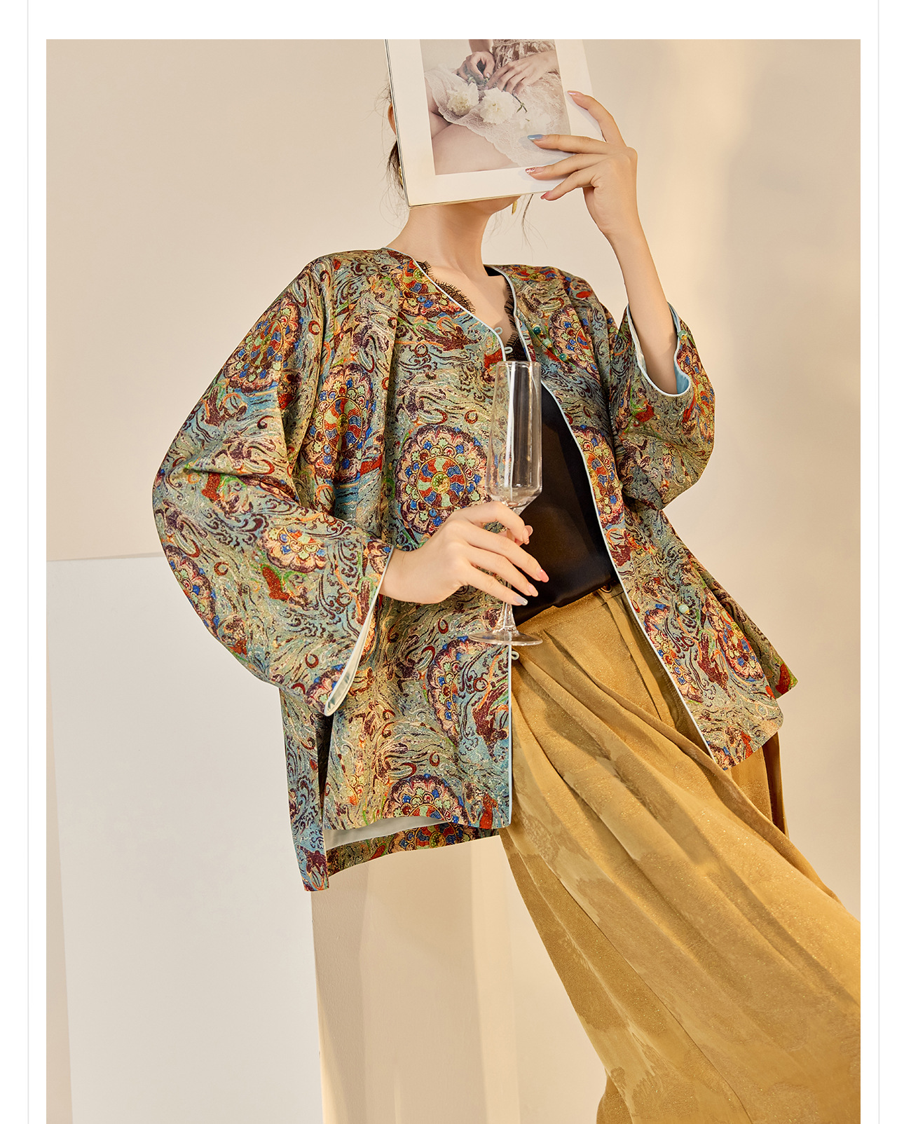 Áo khoác nữ phong cách Trung Hoa mới, cổ chéo, in thêu chỉ vàng, chất rayon cao cấp N8042 — màu xanh nhạt chi tiết 8