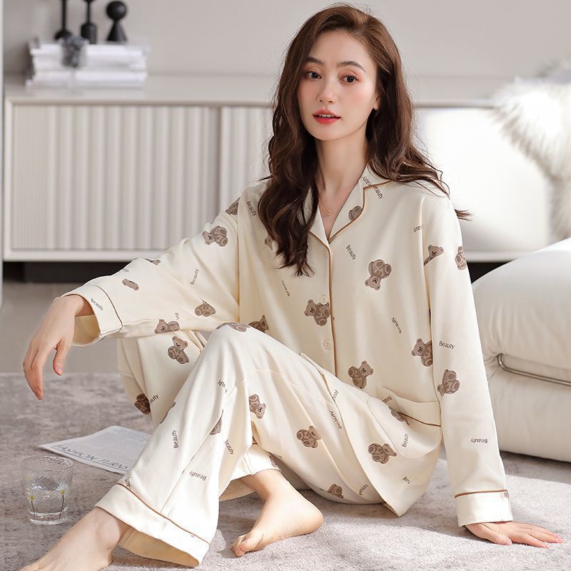 Pijamas de alta gama 100% algodón de las mujeres de primavera y otoño de manga larga cardigan de alta gama dulce ropa de abrigo homewear traje