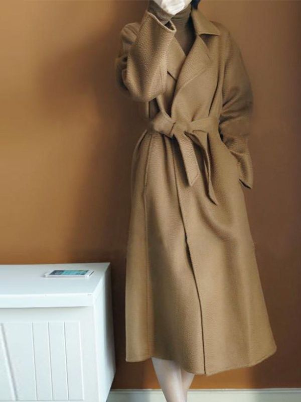 Double-sided over-the-knee cashmere overcoat women's autumn and winter water ripple mid-length tight waist profile 100% wool woolen overcoat