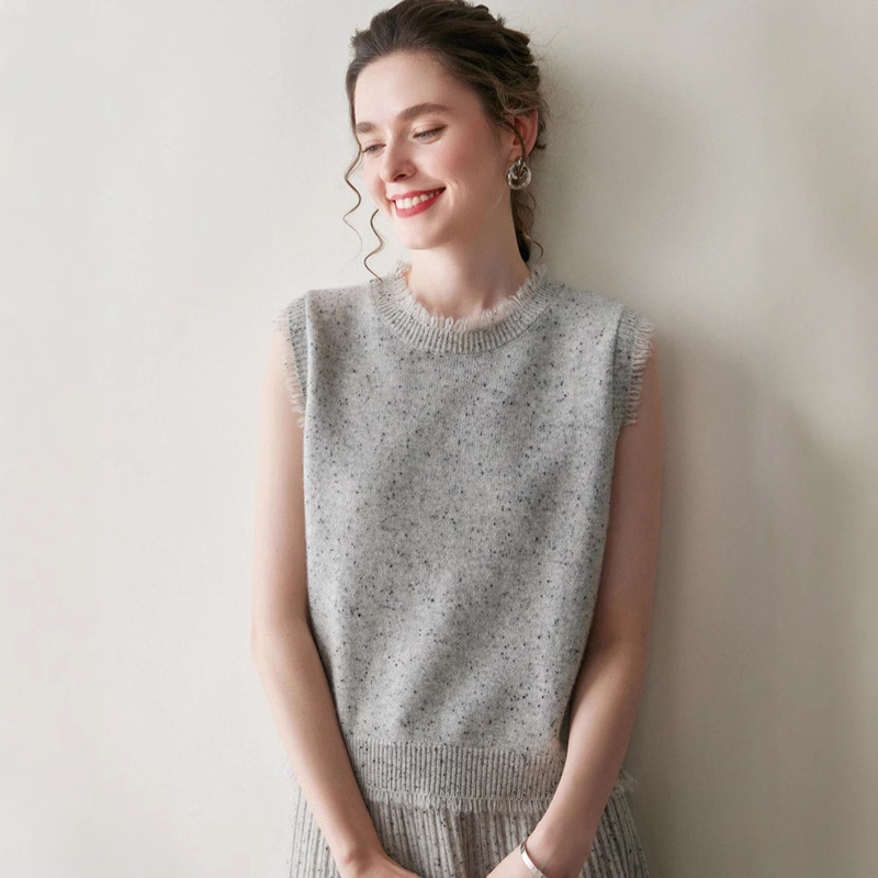 Sleeveless Sweater Vest with High-End Colored Yarn Knitted Wool Sweater Vest, Cashmere Sweater Vest for Women with Round Neck