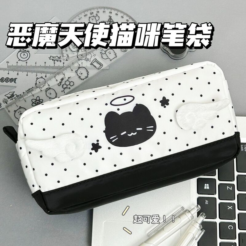 New Black Polka Dot Angel Devil Cat Pencil Bag High-Value Capacity Student Stationery Storage Bag Pencil Case New Black Polka Dot Angel Devil Cat Pencil Bag High-Value Capacity Student Stationery Storage Bag Pencil Case