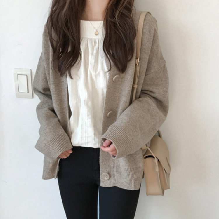 Cross-Border Solid Color Knitted Cardigan Women's Fashion Slim V Neck Knitwear Long-Sleeved Knitwear Jacket Outer Wear
