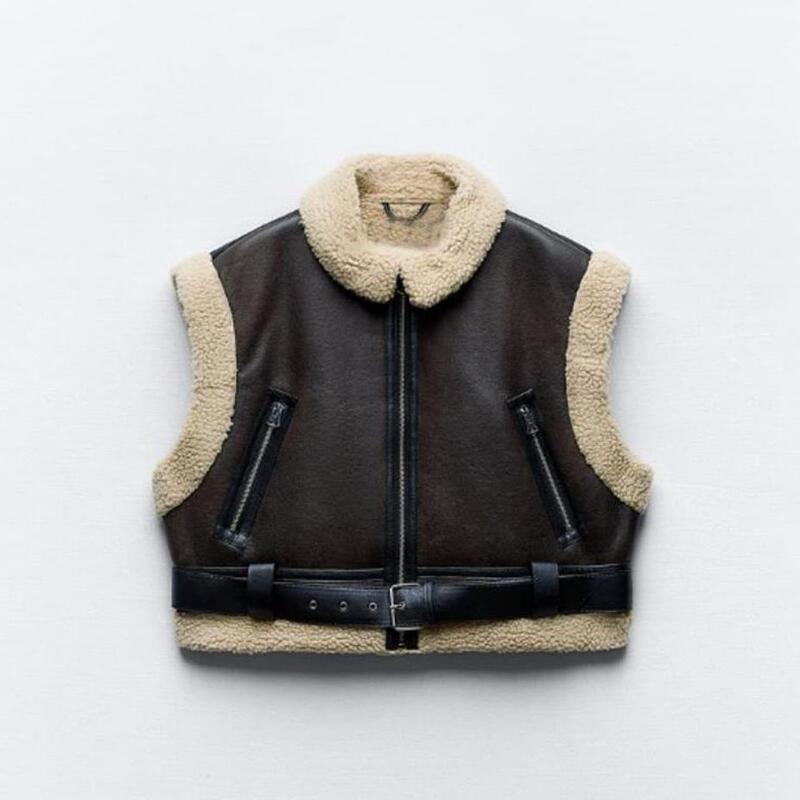 TAOP & Z autumn and winter new women's hem metal buckle belt fleece stitching double-sided short vest 8073238 TAOP & Z autumn and winter new women's hem metal buckle belt fleece stitching double-sided short vest 8073238