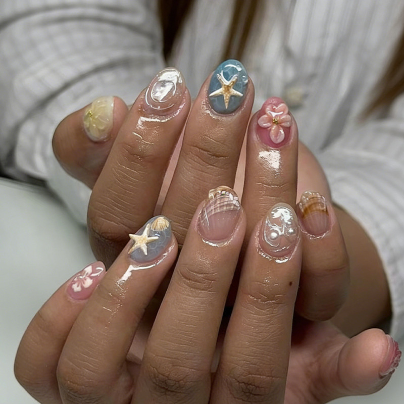 Cross-Border Foreign Trade Oval 30Pcs Summer Vacation Style 3D Shell Starfish Wearable Nails Finished Nail Art Fake Nails Cross-Border Foreign Trade Oval 30Pcs Summer Vacation Style 3D Shell Starfish Wearable Nails Finished Nail Art Fake Nails