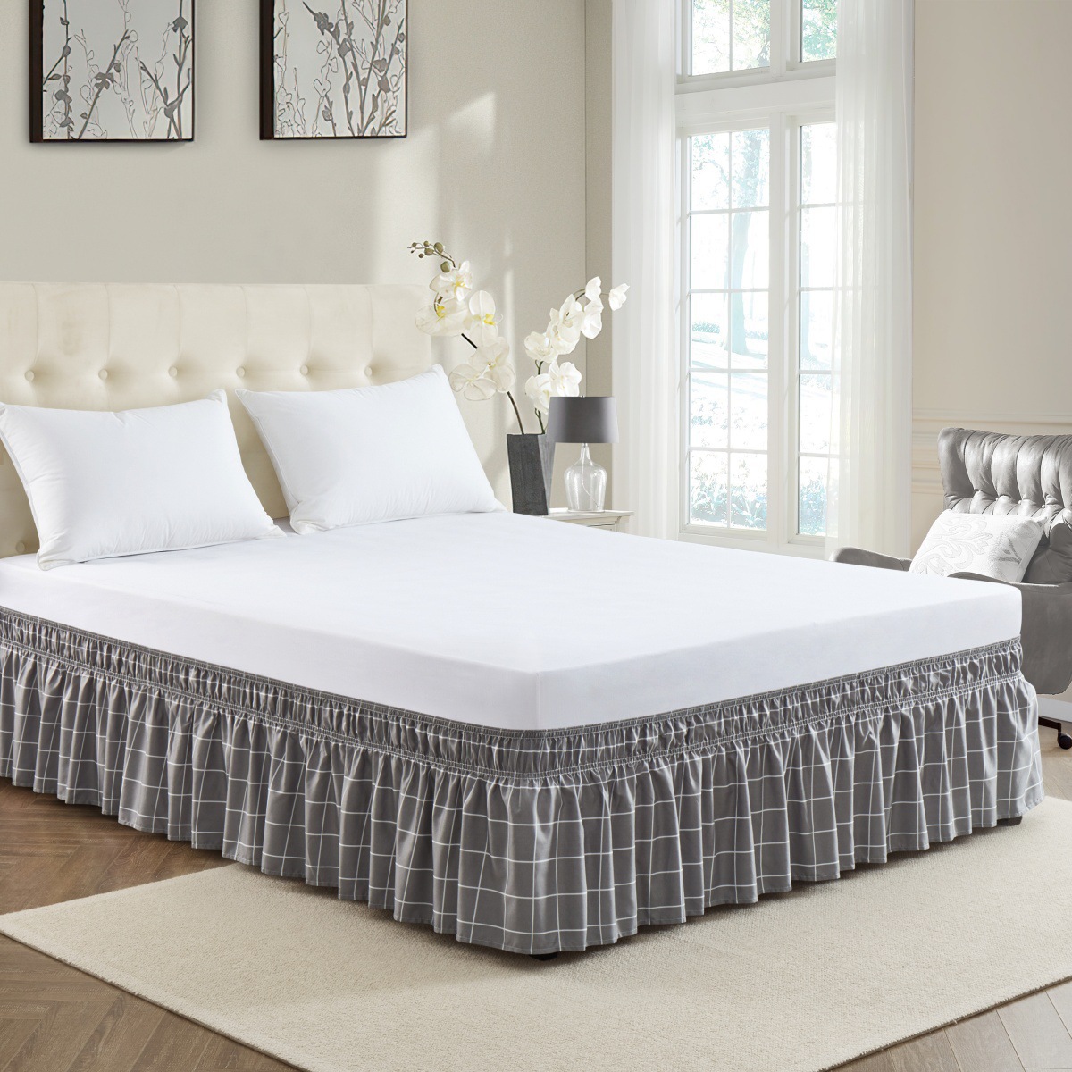 Gonna da letto a quadri – Copriletto elastico con volant in stile hotel, in grigio e bianco, diverse misure (singolo/matrimoniale/queen size/king size)_voghion.com