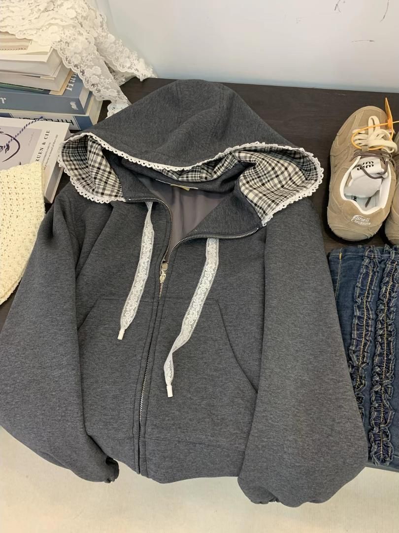 A new 300-pound checkered zipper jacket for spring and autumn women's wear, a casual and versatile hooded sweatshirt