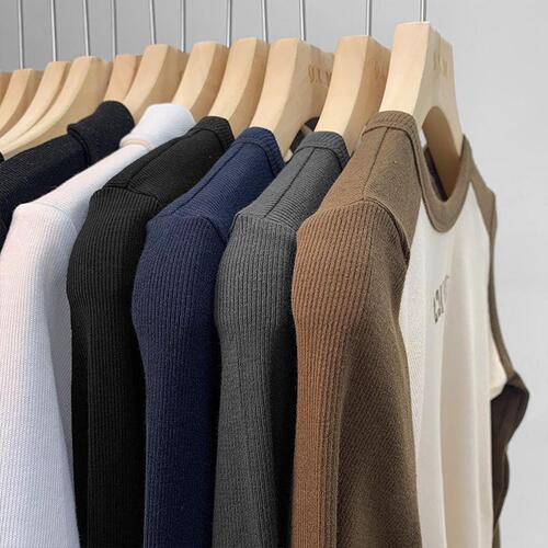 Round Neck Collar Splicing Long Sleeve T-Shirt for Women - Spring New Arrival Contrasting Color Fitted Base Shirt for Layering - Stylish Top