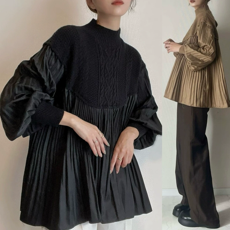 Умножение твит сшивание плиссированной плиссированной свободной, высококачественный повседневный круглый воротник с рукавами фонаря