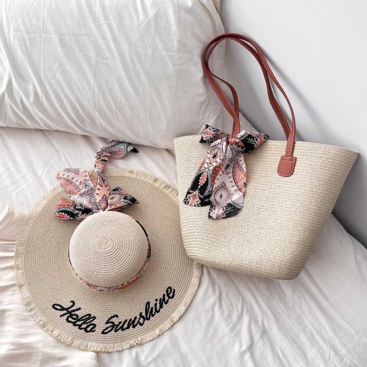 Hepburn Stil Strohhut Und Große Tragetasche Für Strandurlaube_voghion.com
