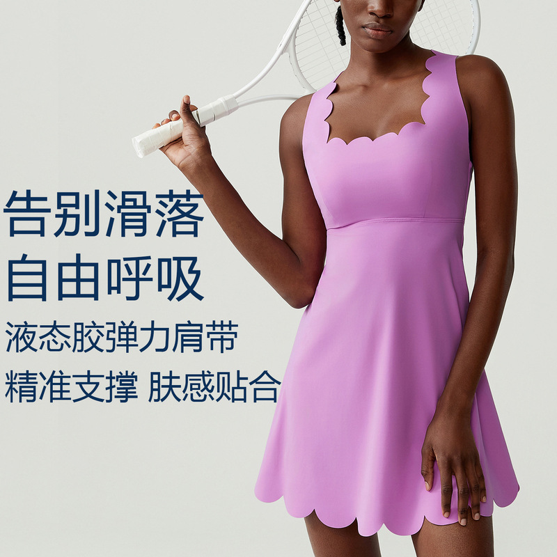 跨境小波浪美背连体网球裙女 大码欧美收腰防走光户外运动健身裙|undefined