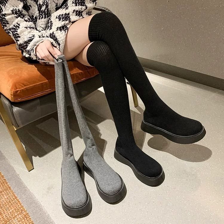 Elastic women's high-heeled short boots, knitted spring and autumn new single boots, round-toe sock boots, chunky heel shoes, over-the-knee long high-heeled boots Elastic women's high-heeled short boots, knitted spring and autumn new single boots, round-toe sock boots, chunky heel shoes, over-the-knee long high-heeled boots