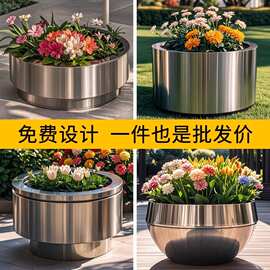 户外小花园201不锈钢花箱圆柱形花池组合露台带滚轮花盆圆形花槽
